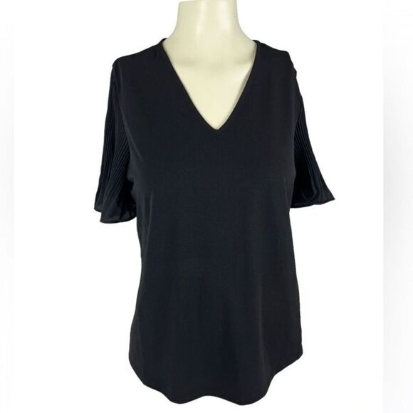 Adrianna Papell Womens V-neck Pleated Sleeve Crepe Blouse Top Black Sz Small NWT - Picture 1 of 11